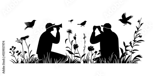 Enthusiasts observing birds with binoculars, documenting daily visits to backyard feeders, Illustration