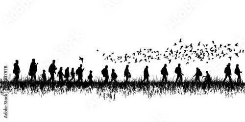 Enthusiasts participating in annual migration counts, tracking the number of birds passing through areas, Illustration