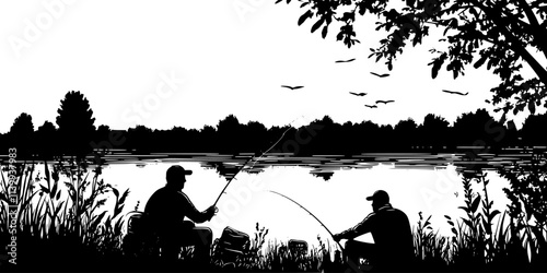 Setting up gear at river edges, targeting common freshwater species, Illustration