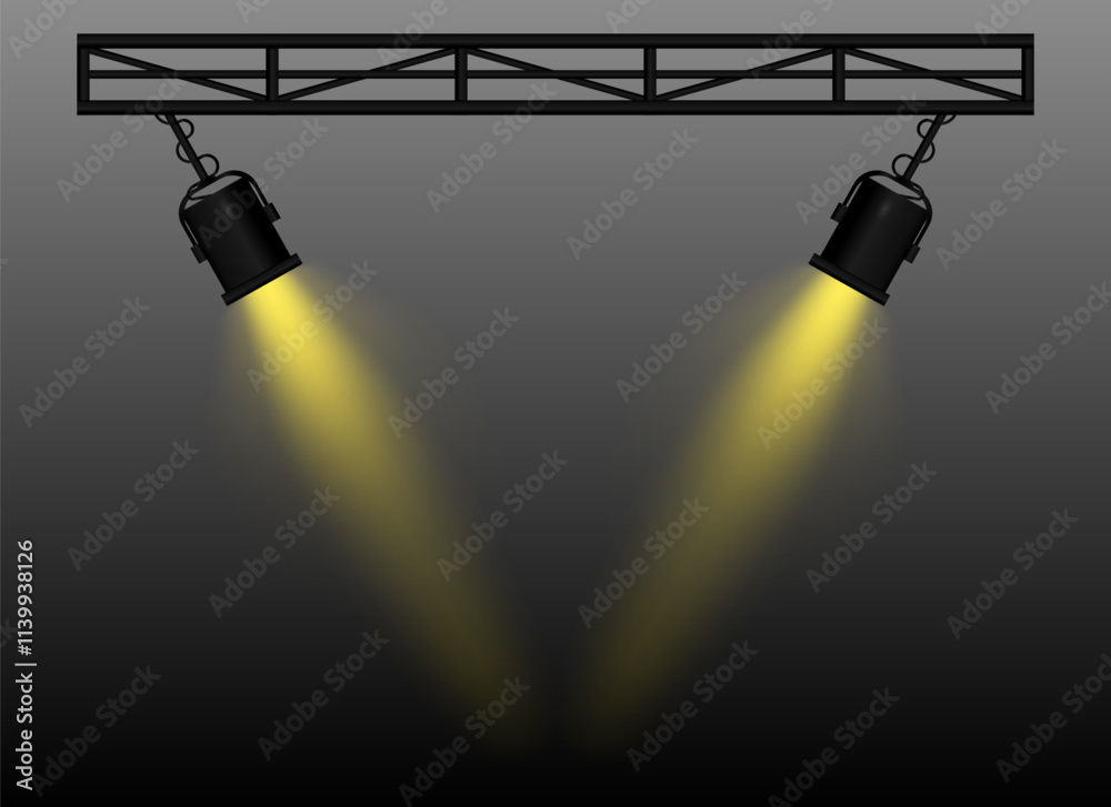 Yellow Spotlight. Two black stage lights mounted on a truss, casting bright beams, theatrical lighting effect, performance scene, illumination, event setup, focused light projection, wallpaper