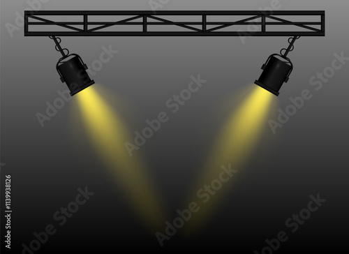 Yellow Spotlight. Two black stage lights mounted on a truss, casting bright beams, theatrical lighting effect, performance scene, illumination, event setup, focused light projection, wallpaper