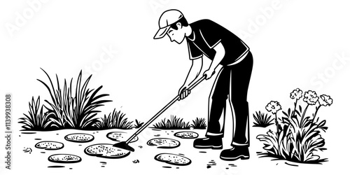 Gardener cleaning a garden path to prepare for new paving materials, Illustration