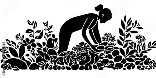 Gardener moving organic material into a large compost heap at the garden edge, Illustration