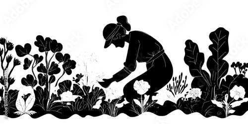 Gardener planting edible flowers among other landscape plants in a garden bed, Illustration