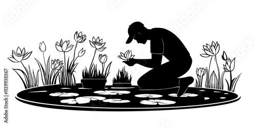 Gardener placing water lilies in a decorative pond in the center of a garden, Illustration
