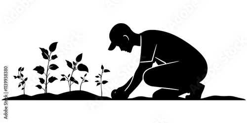 Gardener planting fruit trees along the perimeter of a residential garden, Illustration