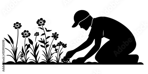 Gardener planting flowers known to attract pollinators in a residential garden, Illustration