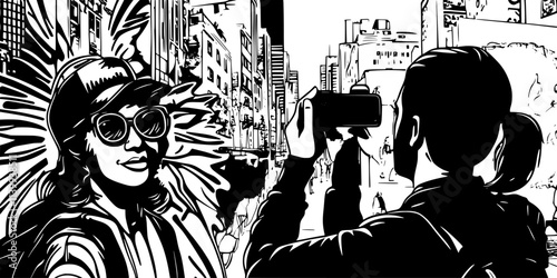 Guests photographing murals during a street art walking tour, Illustration