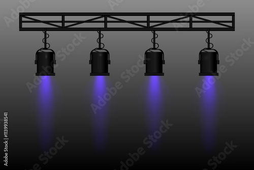 Spotlight set. Four stage lights purple beams, hanging from a truss structure. Professional lighting equipment for theater, concerts, shows, and events. Focused illumination, performance settings.