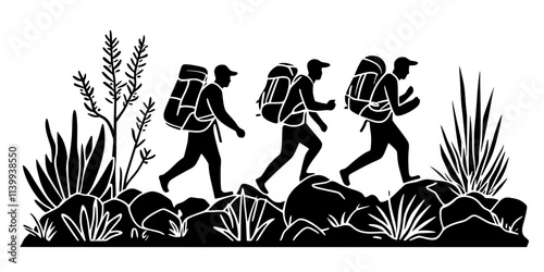Hikers navigating rocky terrain on a nature trail within a protected park, Illustration