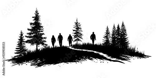 Hikers walking along a forest trail following clearly marked paths through natural terrain, Illustration