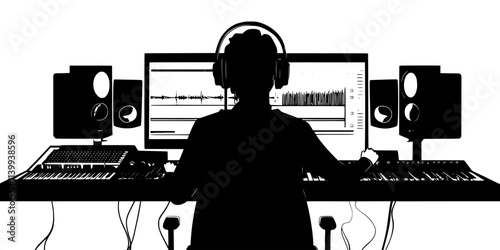 Individual adjusting audio levels while mixing classical music tracks, Illustration