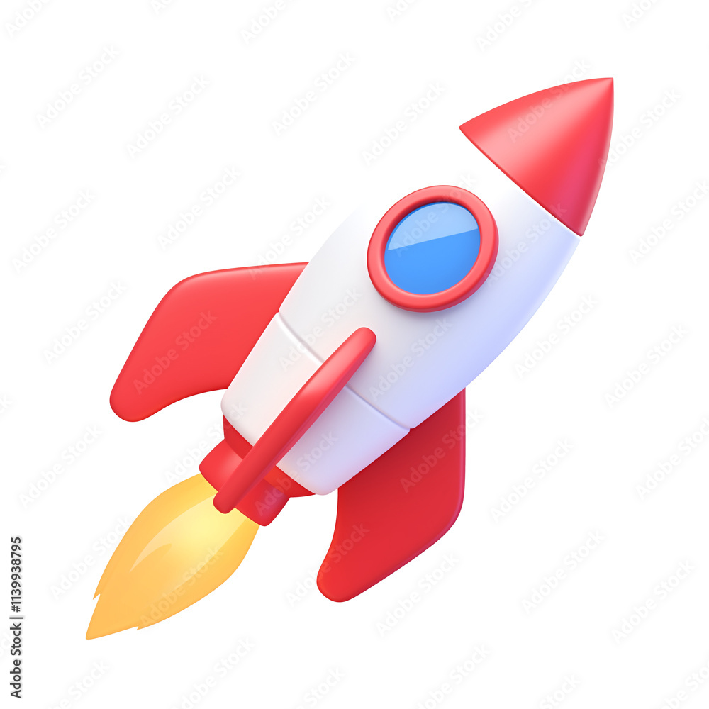 3D cartoon rocket booster icon with flat view, featuring red and white body, blue window, and fiery yellow flame, isolated on transparency background 3D cartoon rocket booster icon with flat view, featuring red and white body, blue window, and fiery yellow flame, isolated on transparency background