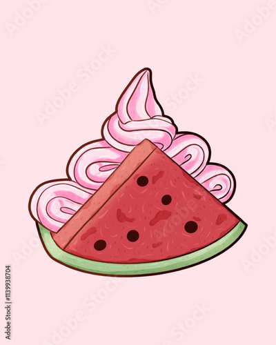 Hand drawn a sliced watermelon with ice cream