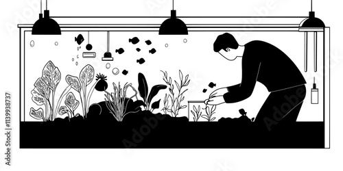 Person cleaning excess algae off plant leaves in a heavily planted aquarium, Illustration