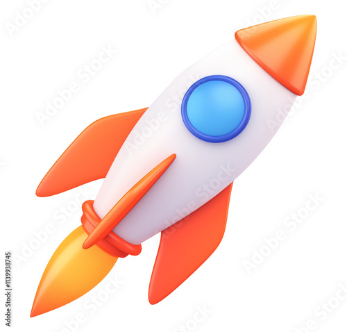 3D cartoon rocket booster icon with flat view, featuring white body, orange fins, and blue circular window, isolated on transparency background photo