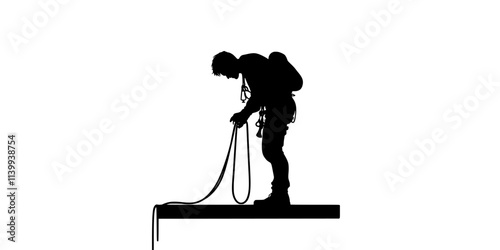 Individual checking harness attachments before stepping onto a bungee jumping platform, Illustration