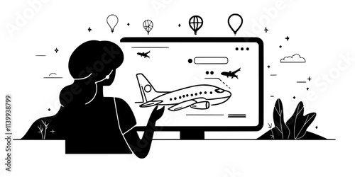 Individual confirming flight details online before solo trip, Illustration