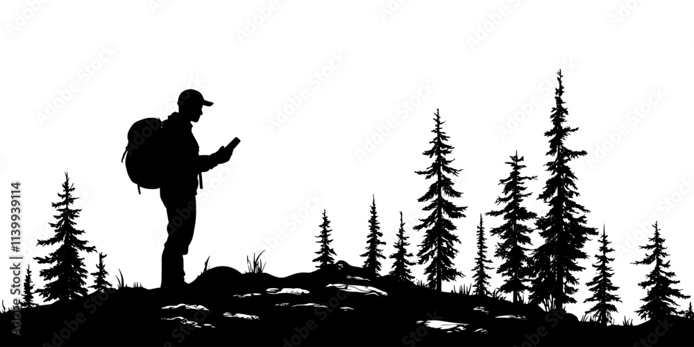Individual navigating a rugged trail while using a handheld GPS device, Illustration