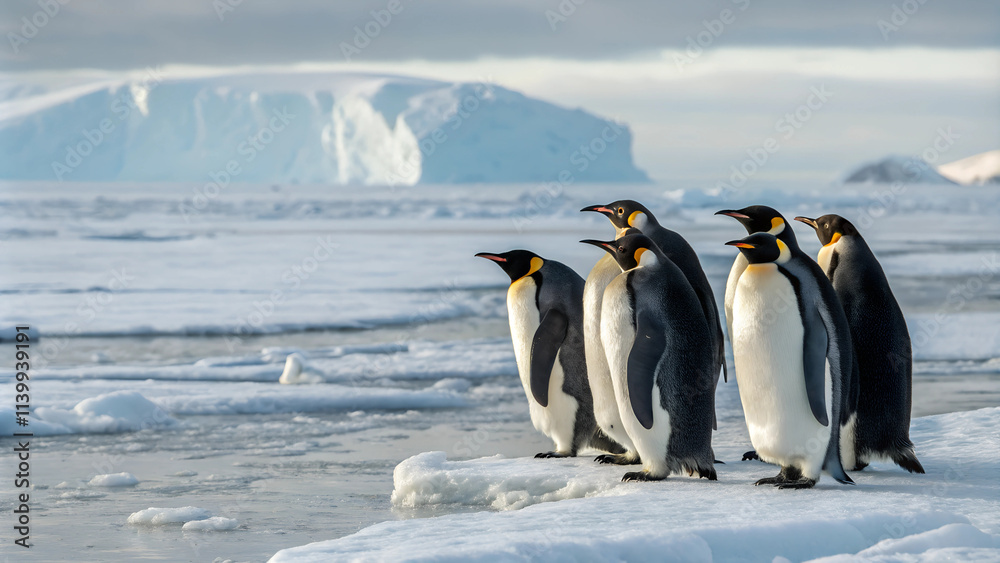 Fototapeta premium A group of emperor penguins huddled together on icy terrain