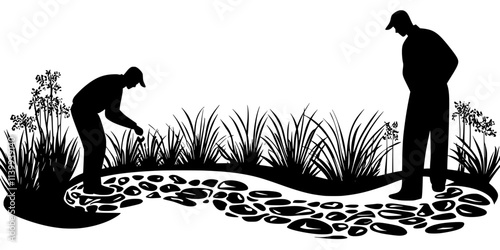 Individual placing decorative pebbles along the edges of a garden trail, Illustration