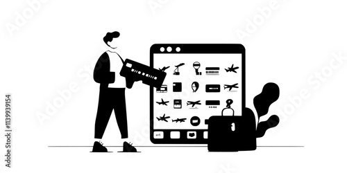 Individual purchasing expensive event tickets for a vacation while using a credit card, Illustration
