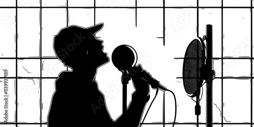 Individual recording rap vocals into a microphone in a soundproof booth, Illustration