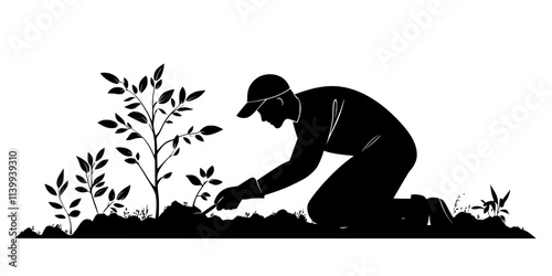 Man removing dead plants from a garden to maintain organic growing conditions, Illustration