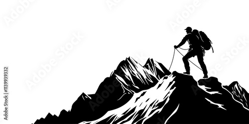 Mountaineer inspecting climbing ropes before beginning an ascent up a steep mountain, Illustration