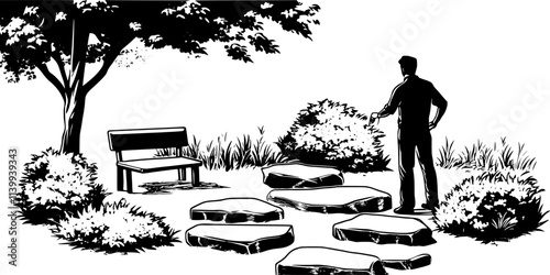 Man shaping stone steps leading from a garden to an outdoor seating area, Illustration