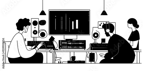 Musician collaborating with others online to produce electronic music tracks, Illustration