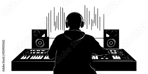 Musician adjusting audio levels for instruments while mixing jazz tracks, Illustration