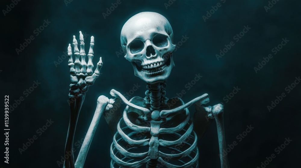 Adorable waving skeleton with expressive features, glowing white bones contrasted against the dark background Adorable waving skeleton with expressive features, glowing white bones contrasted against the dark background