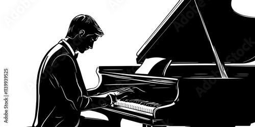 Musician playing piano while experimenting with jazz compositions in a studio, Illustration