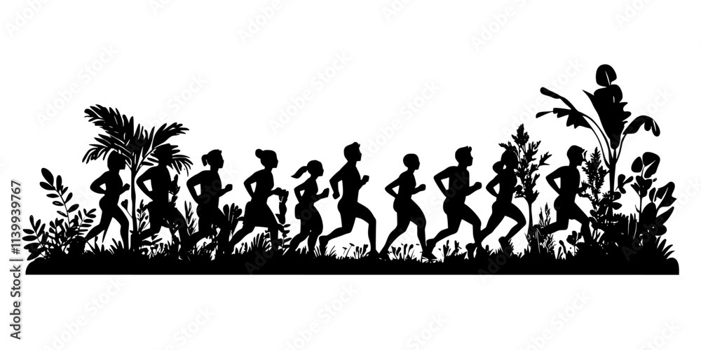 Participants gathering at the starting line of a trail running event, Illustration Participants gathering at the starting line of a trail running event, Illustration