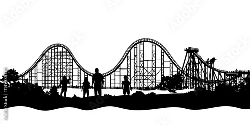 Parent purchasing theme park tickets online for a family vacation, Illustration