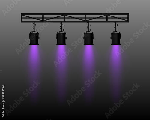 Spotlight set. Four stage lights purple beams, hanging from a truss structure. Professional lighting equipment for theater, concerts, shows, and events. Focused illumination, performance settings.