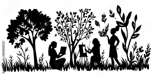 Participants engaging in outdoor painting sessions during a creative-focused nature retreat, Illustration