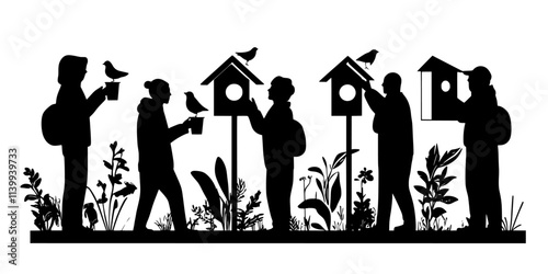 Participants building birdhouses in strategic locations to encourage nesting, Illustration