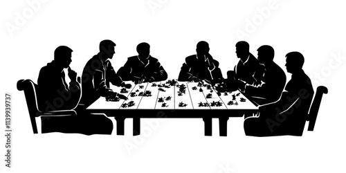 Participants engaging in strategic planning, moving armies across the board during a war game session, Illustration