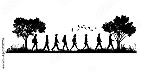 Participants practicing mindful walking in a quiet park area, Illustration