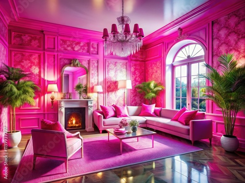 3D rendered pink Barbicore interior: stucco wall, double exposure mockup. Stylish and vibrant. photo