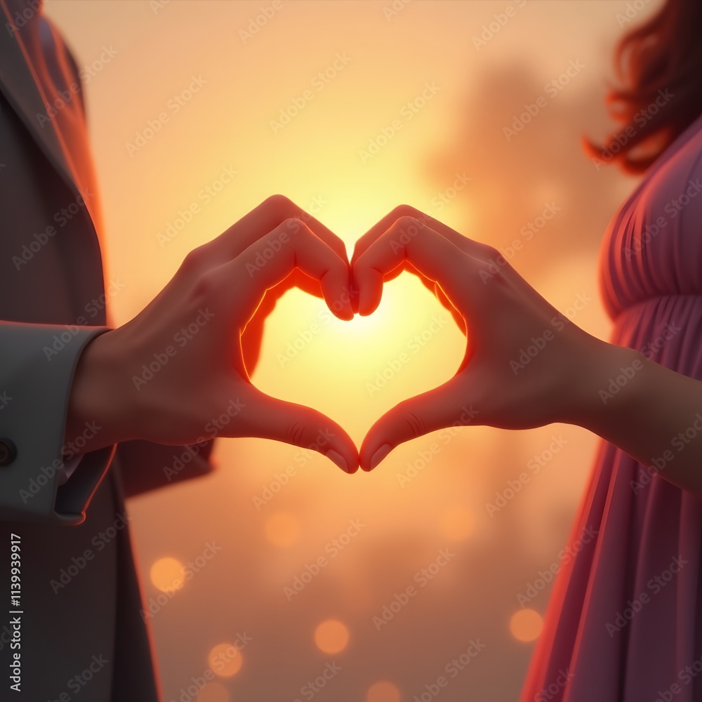 Obraz premium Sunset Heart Hands Love Romance Couple Togetherness