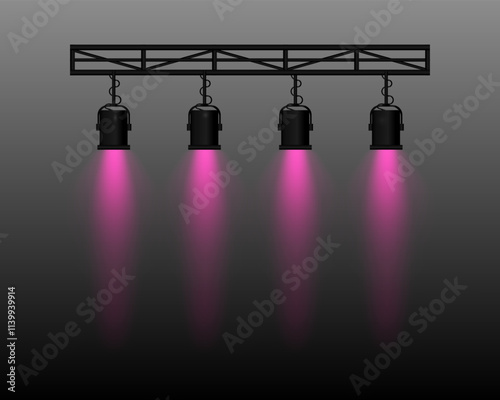 Spotlight set. Four stage lights purple beams, hanging from a truss structure. Professional lighting equipment for theater, concerts, shows, and events. Focused illumination, performance settings.