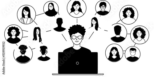 Person booking accommodation for a large group online using a laptop, Illustration