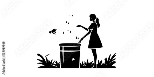 Person cleaning a rain barrel filter in preparation for collecting more water, Illustration