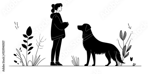 Person practicing how to direct a dog to search for a scent in a large outdoor space, Illustration