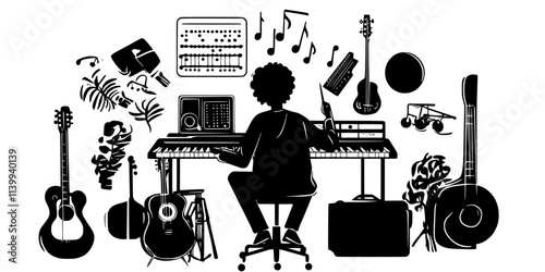 Person organizing musical instruments around a small home studio, Illustration