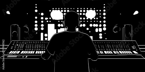 Person managing audio levels during a live music event from the sound booth, Illustration