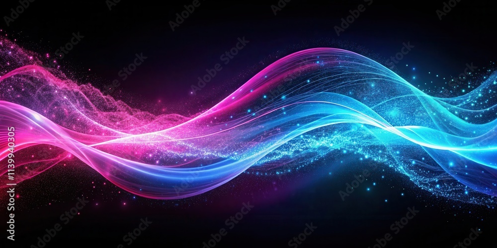 Abstract neon waves of pink and blue with glowing particle effects on black background, neon, waves, abstract Abstract neon waves of pink and blue with glowing particle effects on black background, neon, waves, abstract